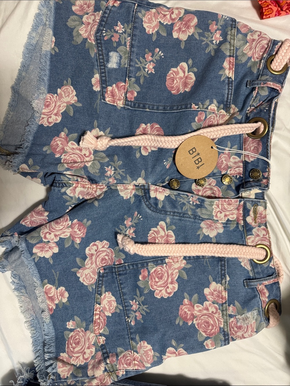 BiBi Blue Denim Shorts with Pink Rose Print